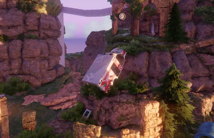 Floating island with ruins and vegetation