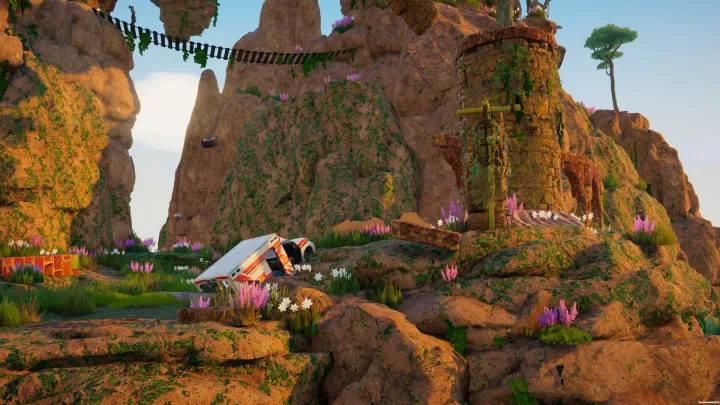 Floating island with ruins and vegetation