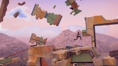 A climber leaping between floating pieces of a building