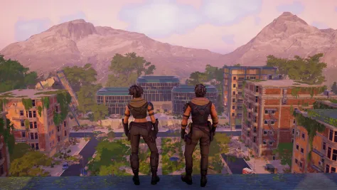 Aster and Slate on a rooftop overlooking the ruined city