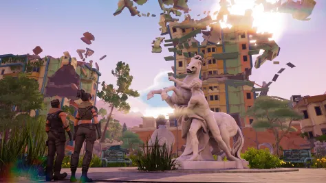 Aster and Slate before a marble statue as the city breaks apart