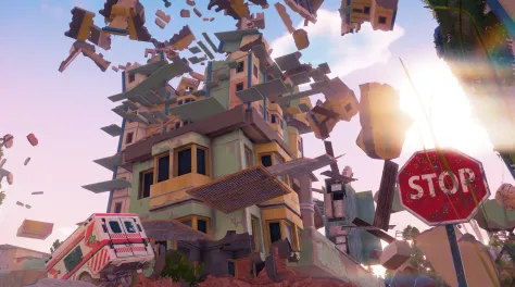 A stacked house shedding debris behind a stop sign