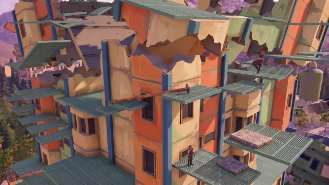 Climbers on the walkways of a shattered apartment block