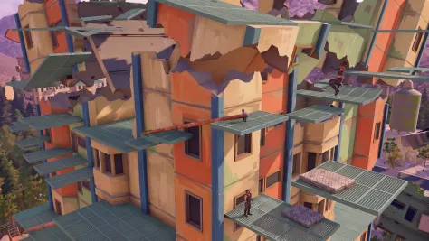 Climbers on the walkways of a shattered apartment block