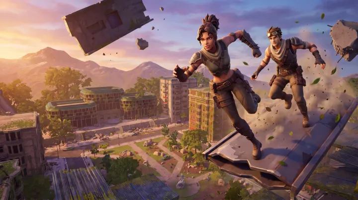 Players scaling a canyon wall at dusk